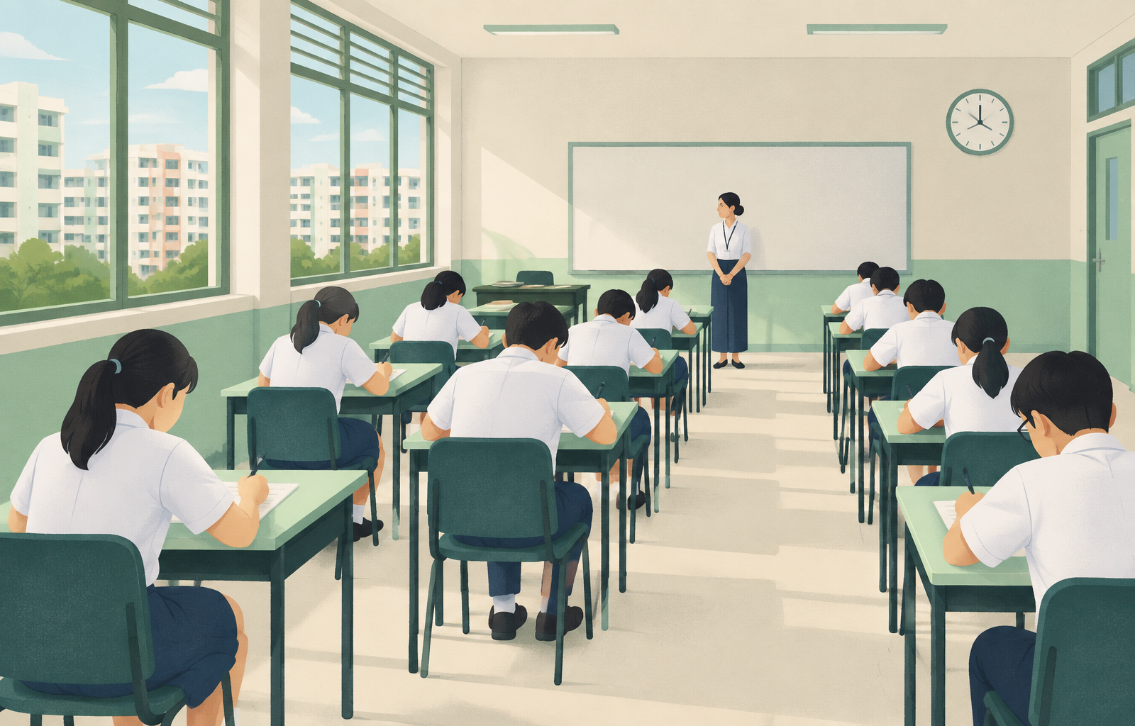 Illustration of students writing exam papers at individual desks in a school examination hall, with an invigilator and a wall clock