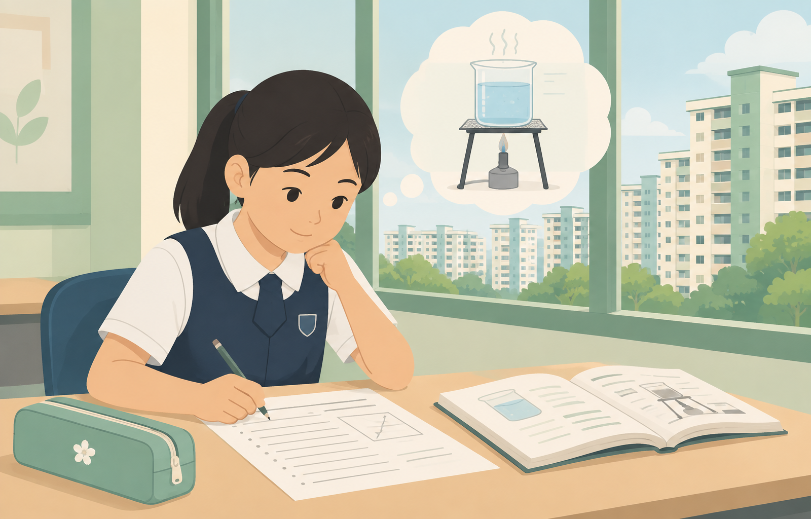 Drawing of a student writing a structured PSLE Science open-ended answer