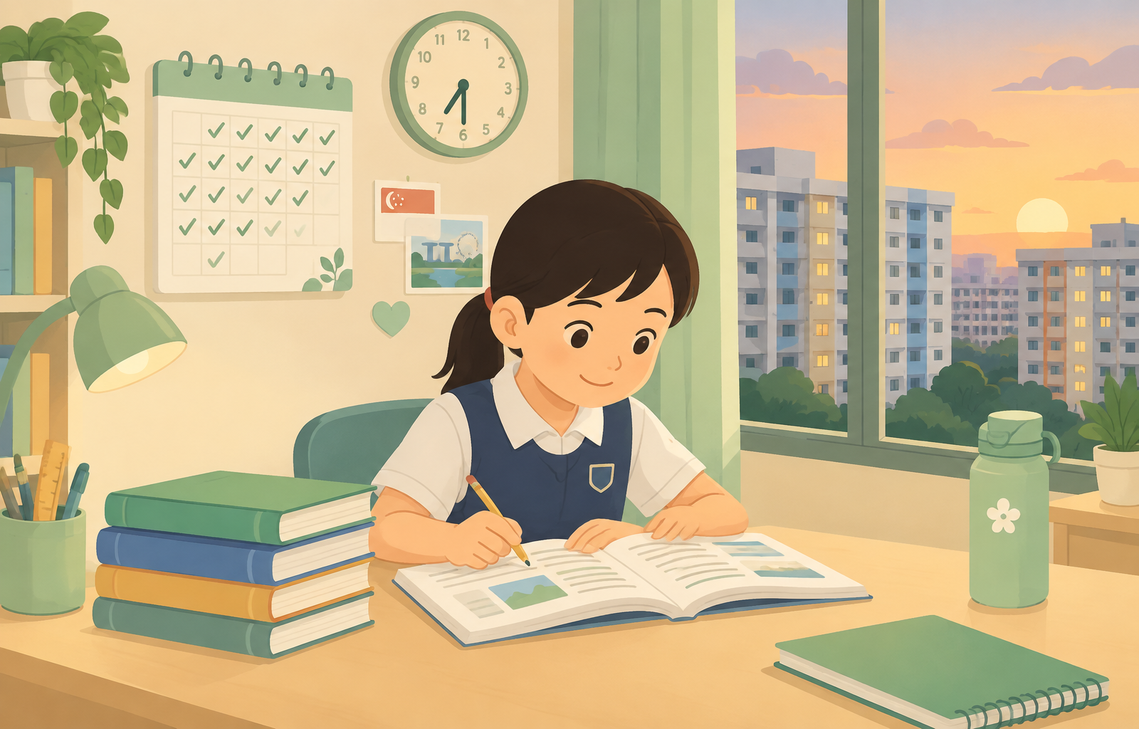 Drawing of a primary school child studying at a tidy desk with a routine calendar
